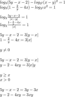 log_{3}(5y-x-2)-log_{3^2}(x-y)^2=1\\&#10;log_{3}(1-\frac{2}{y}-4x)-log_{3^2}x^2=1\\\\&#10;log_{3}\frac{5y-x-2}{|x-y|}=1\\&#10;log_{3}\frac{1-\frac{2}{y}-4x}{|x|}=1\\\\ &#10;5y-x-2=3|y-x| \\&#10;1-\frac{2}{y}-4x=3|x|\\\\&#10;y \neq 0\\\\&#10; 5y-x-2=3|y-x|\\&#10;y-2-4xy=3|x|y\\\\ &#10;y \geq x\\&#10;x 0\\\\&#10;5y-x-2=3y-3x\\&#10;y-2-4xy=3xy&#10;