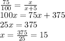 \frac{75}{100}=\frac{x}{x+5}\\100x=75x+375\\25x=375\\x=\frac{375}{25}=15