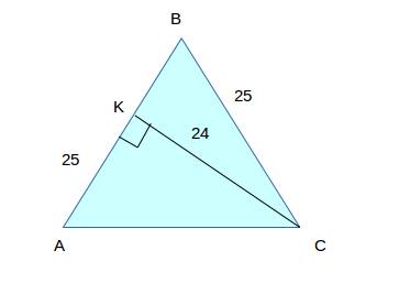 Втреугольнике авс ав=вс=25см, высота,опущенная на боковую сторону равна 24см. вычислить длину основа