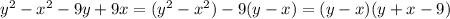 y^2-x^2-9y+9x=(y^2-x^2)-9(y-x)=(y-x)(y+x-9)