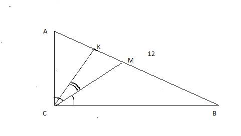 А) у прямокутному трикутнику з гіпотенузою 12 см кут між бісектрисою і висотою, проведеними з вершин