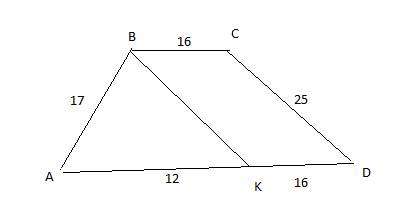 Найдите площадь трапеции, если ее основания равны 16 и 28,боковые стороны—17 и 25.