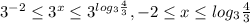 3 ^{-2} \leq 3 ^{x} \leq 3 ^{log _{3} \frac{4}{3} } ,-2 \leq x \leq log _{3} \frac{4}{3}