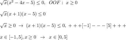 \sqrt{x}(x^2-4x-5) \leq 0,\; \; OOF:\; x \geq 0\\\\\sqrt{x}(x+1)(x-5) \leq 0\\\\\sqrt{x} \geq 0\; \to \; (x+1)(x-5) \leq 0,\; +++[-1]---[5]+++\\\\x\in [-1,5],x \geq 0\; \; \to \; \; x\in [0,5]