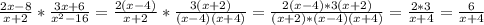 \frac{2x-8}{x+2} * \frac{3x+6}{ x^{2} -16} = \frac{2(x-4)}{x+2} * \frac{3(x+2)}{(x-4)(x+4)} = \frac{2(x-4)*3(x+2)}{(x+2)*(x-4)(x+4)} = \frac{2*3}{x+4} = \frac{6}{x+4}