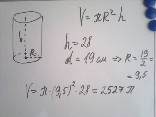 Чему равен объем цилиндра при известных величинах высоты(28см) и диаметра (19см)