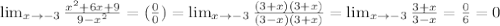 \lim_{x \to -3} \frac{ x^{2} +6x+9}{9- x^{2} }=( \frac{0}{0})= \lim_{x \to -3} \frac{(3+x)(3+x)}{(3-x)(3+x)} = \lim_{x \to -3} \frac{3+x}{3-x}= \frac{0}{6}=0