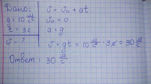 Свысокого обрыва свободно падает каменть.какую скорость он будет иметь через 3 с от начала падения.