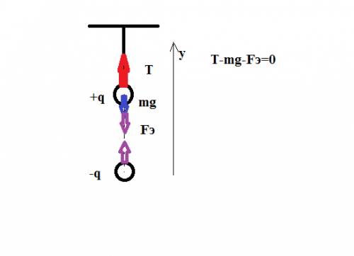 На нити висит шарик массой 5 г, имеющий заряд 100 нкл. определить натяжение нити, если внизу на расс