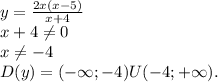 y= \frac{2x(x-5)}{x+4} \\ x+4 \neq 0 \\ x \neq -4 \\ D(y)=(-\infty;-4)U(-4;+\infty).