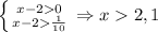 \left \{ {{x-20} \atop {x-2 \frac{1}{10} }} \right. \Rightarrow x2,1