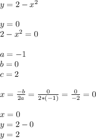 y=2- x^{2} \\ \\ y=0 \\ 2- x^{2} =0 \\ \\ a=-1 \\ b=0 \\ c=2 \\ \\ x= \frac{-b}{2a} = \frac{0}{2*(-1)} = \frac{0}{-2} =0 \\ \\ x=0 \\ y=2-0 \\ y=2