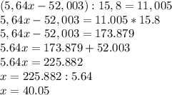 (5,64x-52,003):15,8=11,005 \\ 5,64x-52,003=11.005*15.8 \\ 5,64x-52,003=173.879 \\ 5.64x=173.879+52.003 \\ 5.64x=225.882 \\ x=225.882:5.64 \\ x=40.05