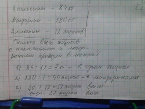 Вмагазин в одинаковых ящиках 84 кг апельсинов и 280 кг мандаринов. апельсинов было 12 ящиков.сколько