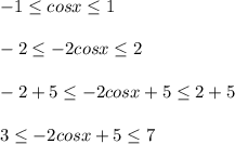 -1 \leq cosx \leq 1\\\\-2 \leq -2cosx \leq 2\\\\-2+5 \leq -2cosx+5 \leq 2+5\\\\3 \leq -2cosx+5 \leq 7