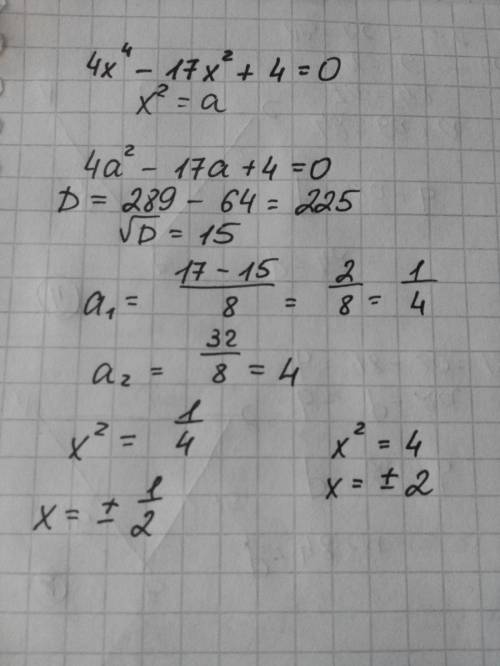 Решите уровнение: 4х в 4 степени -17х в 2 степени +4=0