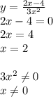 y= \frac{2x-4}{3 x^{2} } \\ 2x-4=0 \\ 2x=4 \\ x=2 \\ \\ 3 x^{2} \neq 0 \\x \neq 0