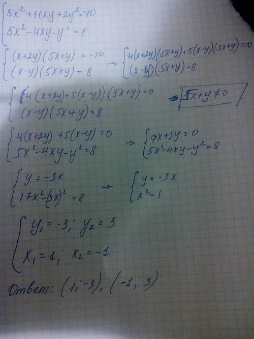 Решить систему уравнений 5x^2+11xy+2y^2=-10 5x^2-4xy-y^2=8