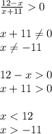 \frac{12-x}{x+11} 0 \\ \\ x+11 \neq 0 \\ x \neq -11 \\ \\ 12-x0 \\ x+110 \\ \\ x<12 \\ x-11