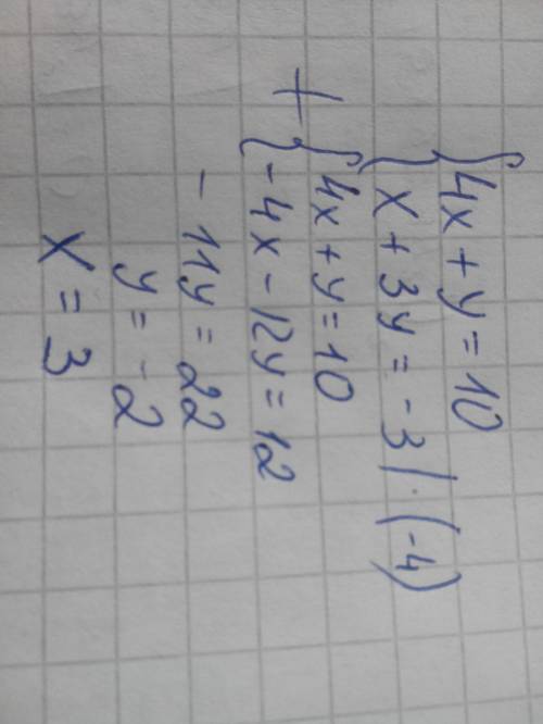 Решите систему уравнений 4x+y=10 x+3y=-3