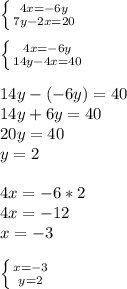 \left \{ {{4x=-6y} \atop {7y-2x=20}} \right. \\ \\ \left \{ {{4x=-6y} \atop {14y-4x=40}} \right. \\ \\ 14y-(-6y)=40 \\ 14y+6y=40 \\ 20y=40 \\ y=2 \\ \\ 4x=-6*2 \\ 4x=-12 \\ x=-3 \\ \\ \left \{ {{x=-3} \atop {y=2}} \right.