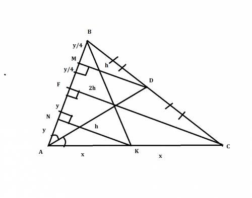 Втреугольнике abc проведены биссектриса ad и медиана bk. из точек d и k опущены перпендикуляры dm и