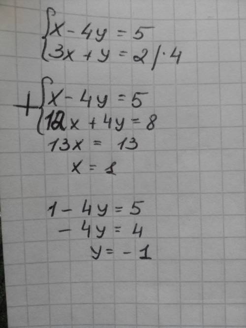 Иобъясните как решить линейное уравнение: {x-4y=5 3x+y=2