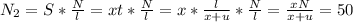 N_{2} = S * \frac{N}{l} = xt* \frac{N}{l} = x* \frac{l}{x+u} * \frac{N}{l} = \frac{xN}{x+u} = 50