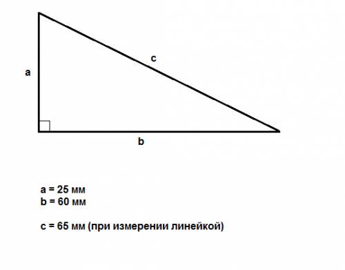 1)постройте прямоугольный треугольник с катетами 25 мм и 60 мм 2) измерьте его гипотенузу 3)найдите