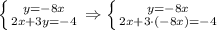 \left \{ {{y=-8x} \atop {2x+3y=-4}} \right.\Rightarrow \left \{ {{y=-8x} \atop {2x+3\cdot(-8x)=-4}} \right.