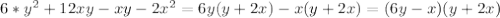 6*y^{2} +12 xy -xy -2 x^{2} = 6y(y+2x) -x(y+2x) = (6y-x)(y+2x)