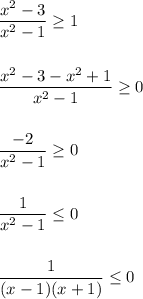 \dfrac{x^2-3}{x^2-1} \geq 1\\\\\\\dfrac{x^2-3-x^2+1}{x^2-1} \geq 0\\\\\\\dfrac{-2}{x^2-1} \geq 0\\\\\\\dfrac{1}{x^2-1} \leq 0\\\\\\\dfrac{1}{(x-1)(x+1)} \leq 0