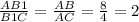 \frac{AB1}{B1C} = \frac{AB}{AC} = \frac{8}{4} = 2