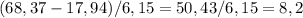 (68,37-17,94)/6,15=50,43 / 6,15= 8,2