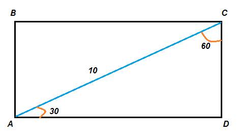 Знайти площу прямокутника, якщо його діагональ 10 см. і утворює зі стороною кут 30градусів.