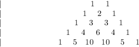 | \ \ \ \ \ \ \ \ \ \ \ \ \ \ \ \ \ \ \ \ \ \ \ \ \ \ \ \ \ \ \ \ \ 1 \ \ \ \ 1 \\&#10;| \ \ \ \ \ \ \ \ \ \ \ \ \ \ \ \ \ \ \ \ \ \ \ \ \ \ \ \ \ \ 1 \ \ \ \ 2 \ \ \ \ 1 \\&#10;| \ \ \ \ \ \ \ \ \ \ \ \ \ \ \ \ \ \ \ \ \ \ \ \ \ \ \ 1 \ \ \ \ 3 \ \ \ \ 3 \ \ \ \ 1 \\&#10;| \ \ \ \ \ \ \ \ \ \ \ \ \ \ \ \ \ \ \ \ \ \ \ \ 1 \ \ \ \ 4 \ \ \ \ 6 \ \ \ \ 4 \ \ \ \ 1 \\&#10;| \ \ \ \ \ \ \ \ \ \ \ \ \ \ \ \ \ \ \ \ \ 1 \ \ \ \ 5 \ \ \ 10 \ \ \ 10 \ \ \ \ 5 \ \ \ \ 1 \\&#10;&#10;