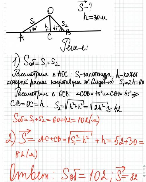 Турист поднялся на возвышенность высотой h=30 м с углом при основании 30 градусов, а затем спустился