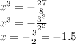 x^3=- \frac{27}{8} \\ x^3=- \frac{3^3}{2^3} \\ x=- \frac{3}{2}=-1.5