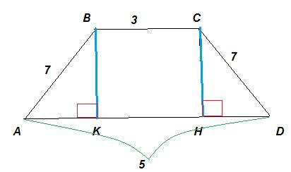 Вравнобедренной трапеции основания равны 3 см и 5 см ,а боковая сторона 7 см. вычислите площадь трап