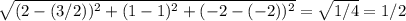 \sqrt{ (2-(3/2))^{2} + (1-1)^{2} + (-2-(-2))^{2} } = \sqrt{1/4} = 1/2