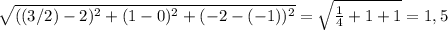 \sqrt{ ((3/2)-2)^{2}+(1-0)^{2}+ (-2-(-1))^{2} } = \sqrt{ \frac{1}{4} +1+1} =1,5