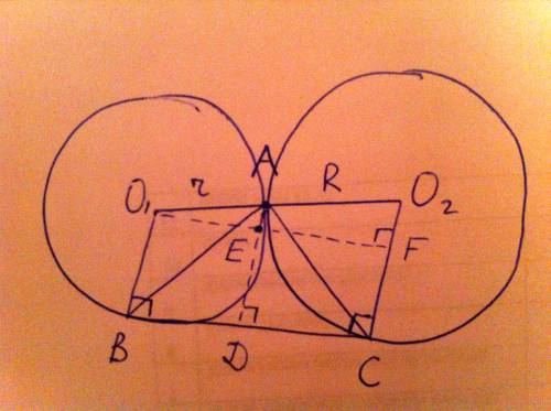65 ! к двум окружностям с центрами в точках о1 и о2, касающимся внешним образом в точке а, проведена