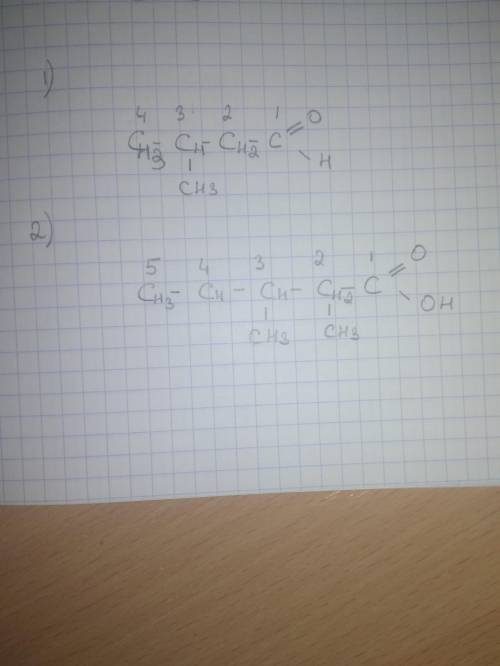 Напишите структурные формулы1) 3 метилбутаналь2) 2 3 диметил валерьяновая кислота​