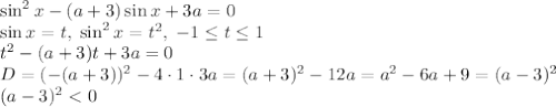 \sin^2x-(a+3)\sin x+3a=0\\\sin x=t,\;\sin^2x=t^2,\;-1\leq t\leq1\\t^2-(a+3)t+3a=0\\D=(-(a+3))^2-4\cdot1\cdot3a=(a+3)^2-12a=a^2-6a+9=(a-3)^2\\(a-3)^2<0