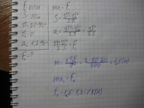 По действиям силы в 60h тело из состояния покоя проходит путь 50 метров и приобретает скорость 20м/с