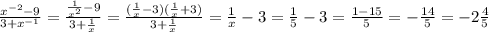 \frac{x^{-2}-9 }{3+x^{-1}} = \frac{ \frac{1}{x^2}-9 }{3+ \frac{1}{x}} =\frac{ (\frac{1}{x}-3)( \frac{1}{x}+3) }{3+ \frac{1}{x}}= \frac{1}{x}-3= \frac{1}{5}-3= \frac{1-15}{5}=- \frac{14}{5}=-2 \frac{4}{5}