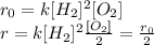 r_0 = k[H_2]^2[O_2] \\ r = k[H_2]^2 \frac{[O_2]}{2} = \frac{r_0}{2}