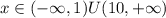 x\in (-\infty,1)U(10,+\infty)