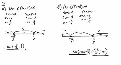 Решите неравенство | №78 а) (2x - 1) (3x + 5) < 0 в) (4x + 3) (5x + 2) > 0 укажите все значени