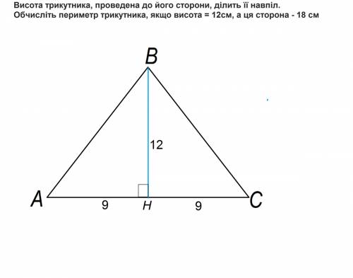 Висота трикутника, проведена до його сторони, ділить її навпіл. обчисліть периметр трикутника, якщо